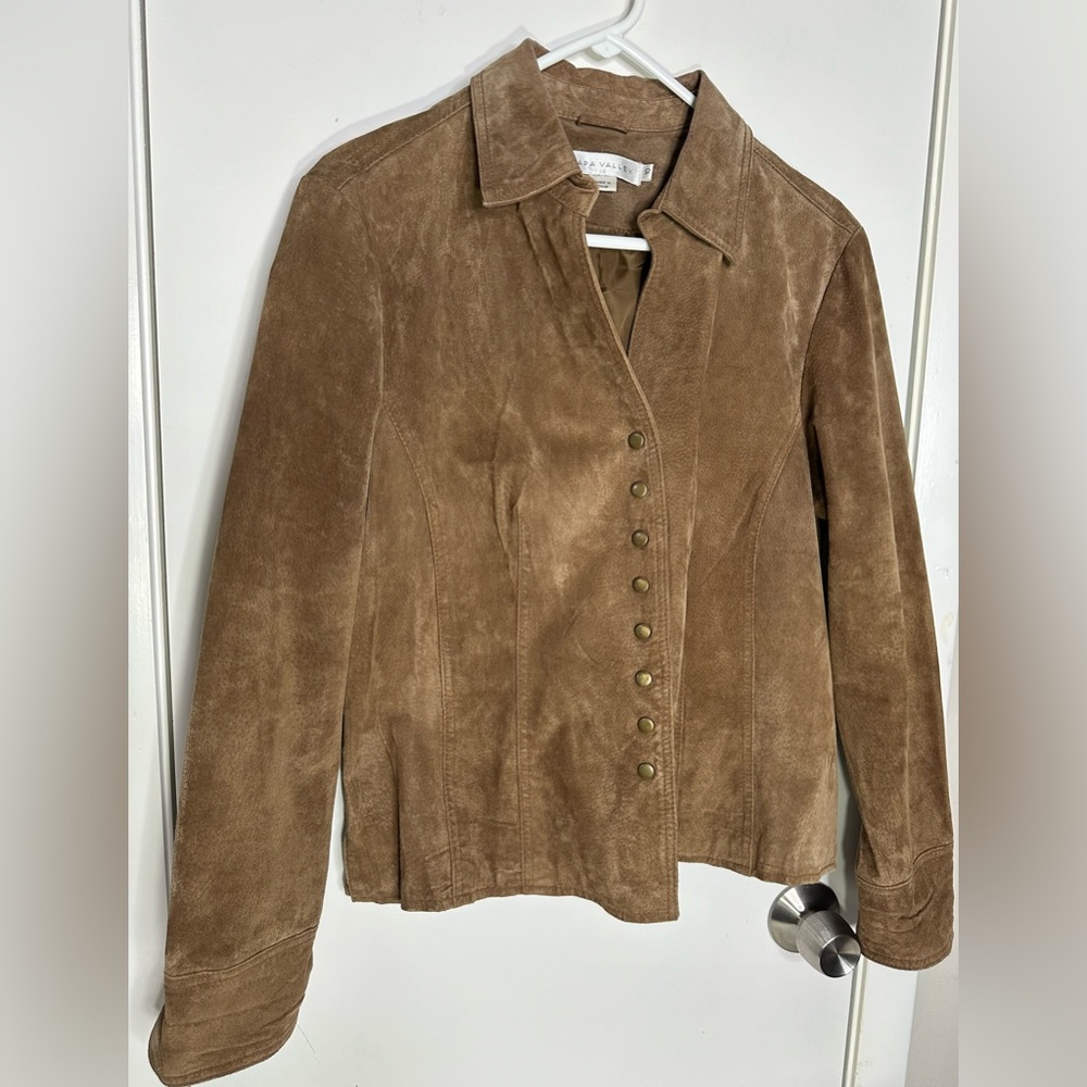 Vintage Napa Valley 100% Leather Suede Jacket Light Brown Tan Size 10 Snap
